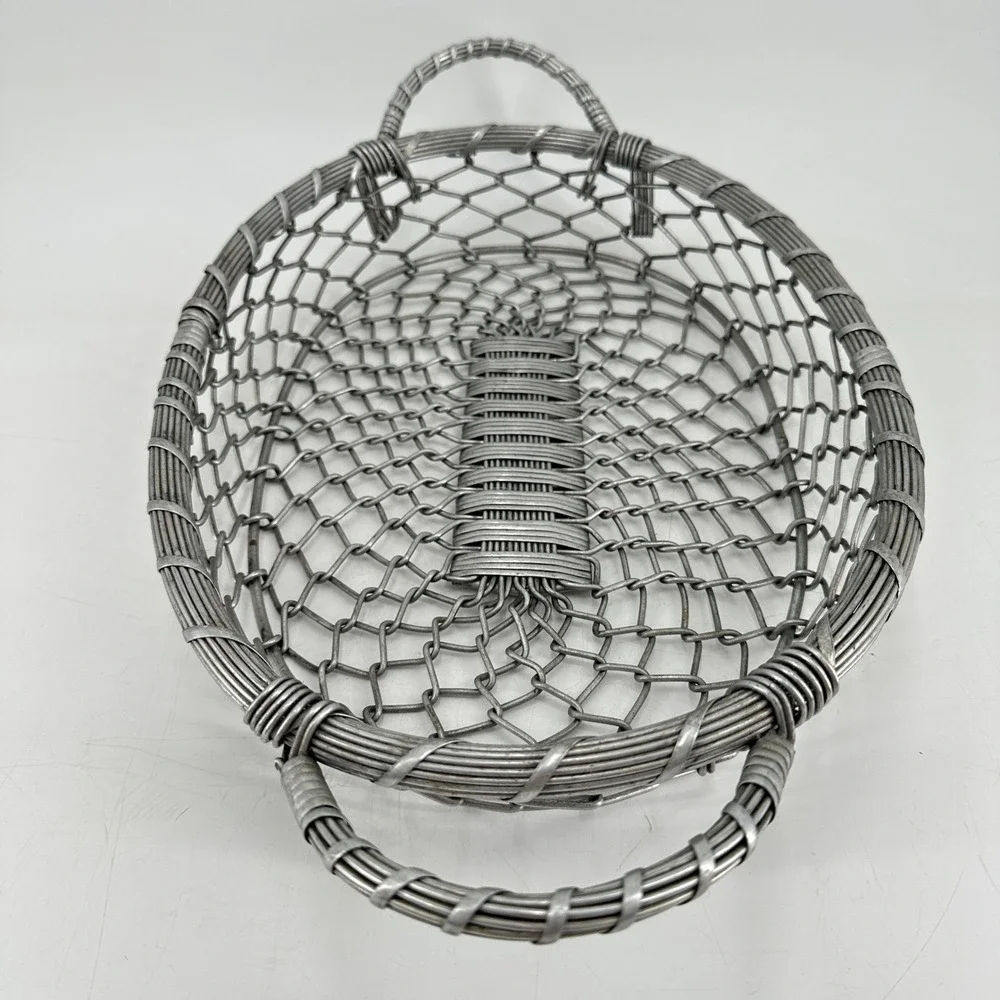 Vintage Style Oval Metal Wire Mesh Basket with Handles Silver Industrial Decor